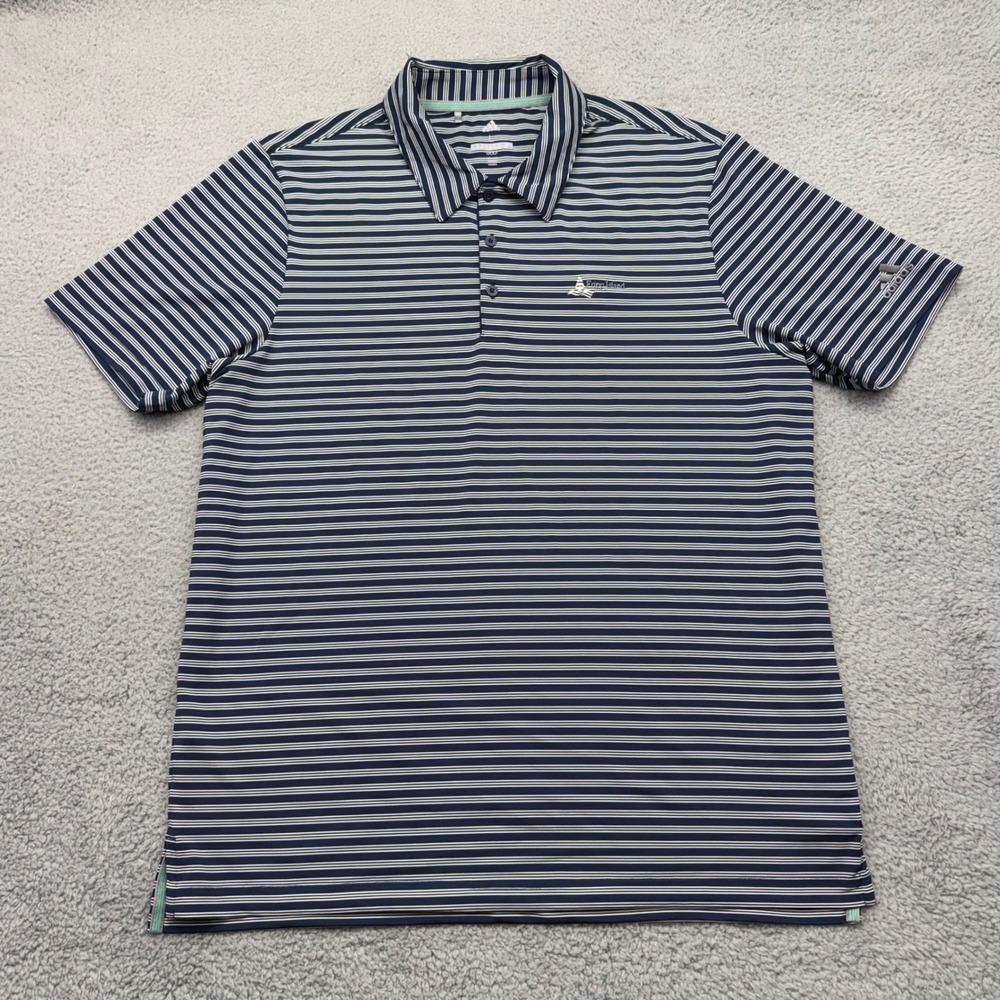 Adidas CD3364 Mens Size Large Navy Striped S/S Stretch Golf Polo Shirt A2B001